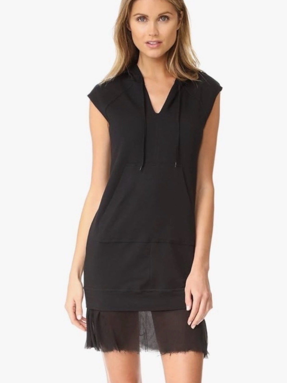 Bailey 44 Sleeveless Black Hooded Dress with Sheer Silk Hem